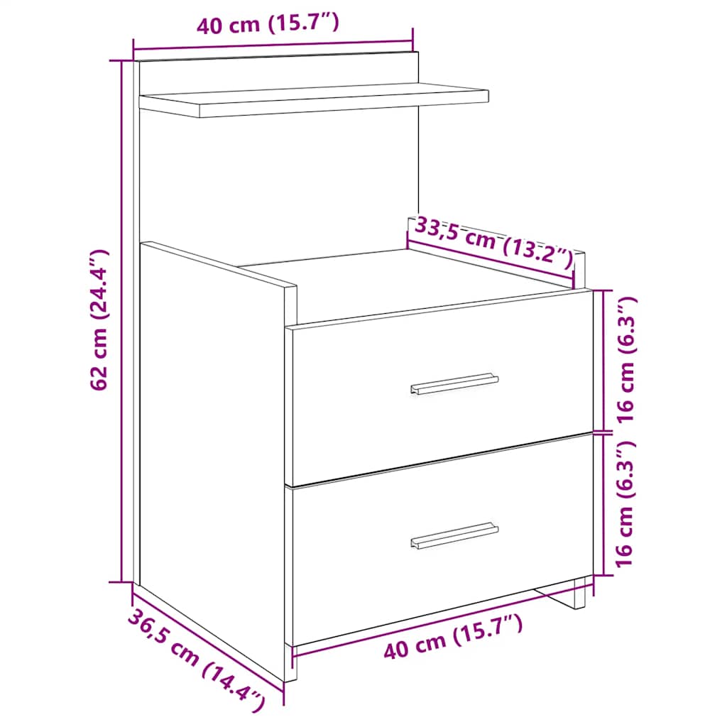 Comodino con 2 cassetti Rovere Affumicato 40x36,5x62 cm