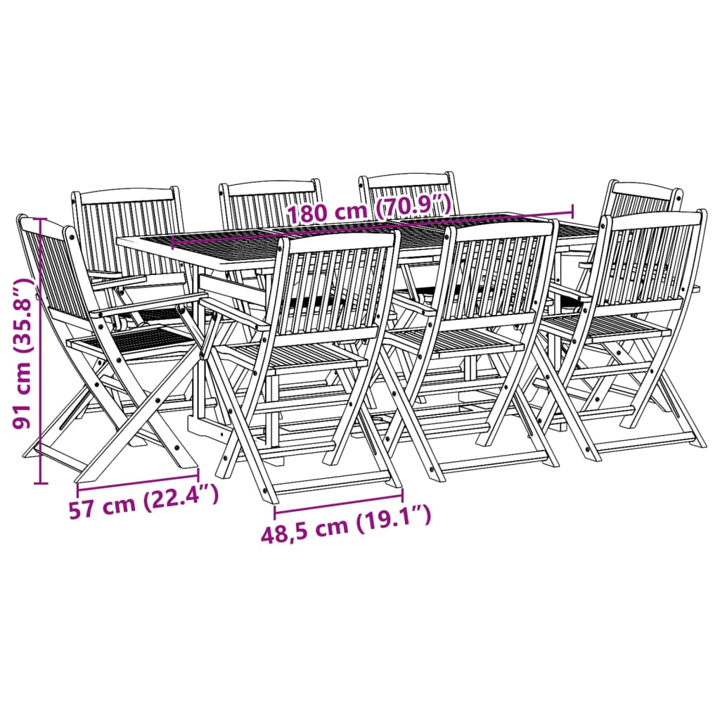 Set da Pranzo da Giardino 9pz 180x90x75cm Legno Massello Acacia | homemem39