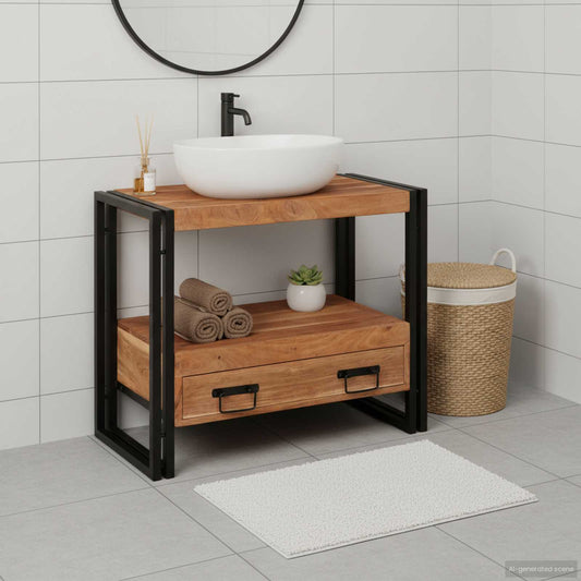 Armadio da bagno con cassetto Marrone Legno di Acacia Massello
