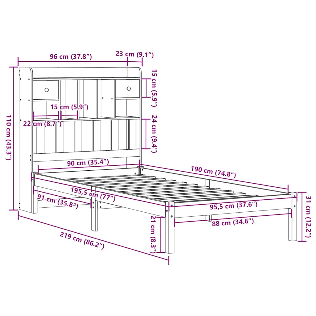 Letto Libreria senza Materasso 90x190 cm Legno Massello Pino | homemem39