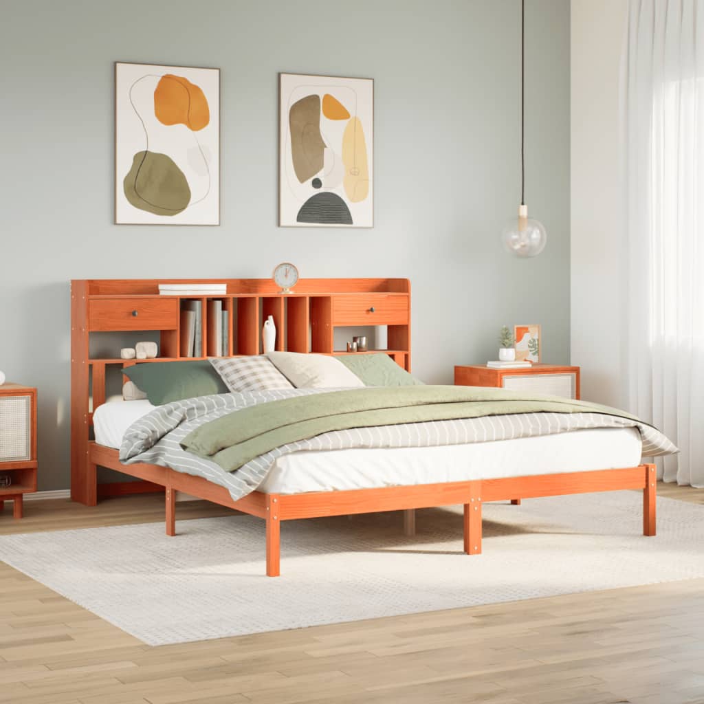 Letto Libreria senza Materasso Marrone Cera 200x200 cm in Pino
