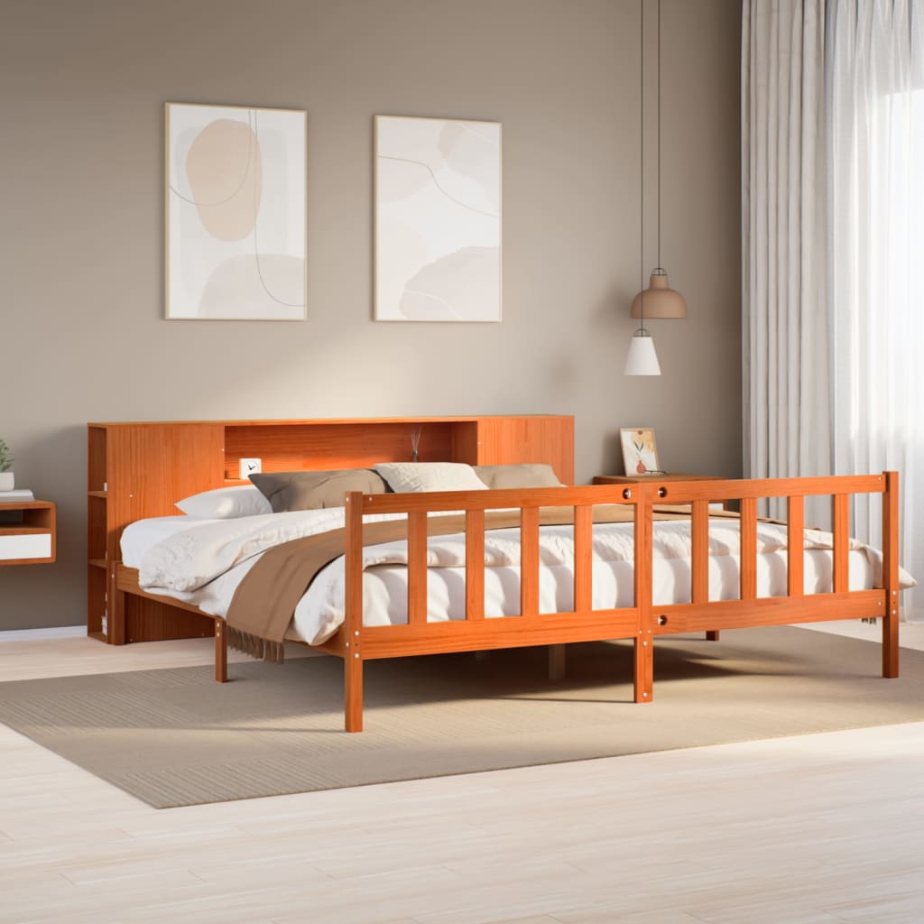 Letto Libreria senza Materasso Marrone Cera 200x200 cm in Pino - homemem39