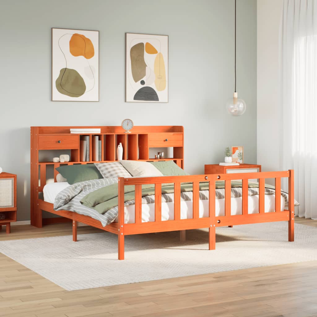 Letto Libreria senza Materasso Marrone Cera 200x200 cm in Pino - homemem39