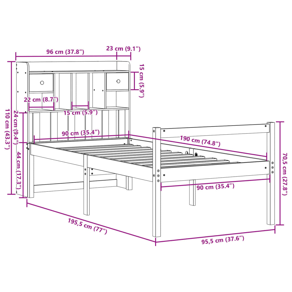 Letto Libreria senza Materasso Bianco 90x190 cm Massello Pino | homemem39