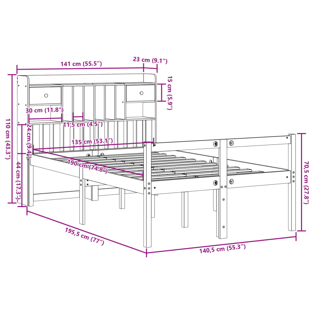 Letto Libreria senza Materasso 135x190 cm in Legno di Pino | homemem39