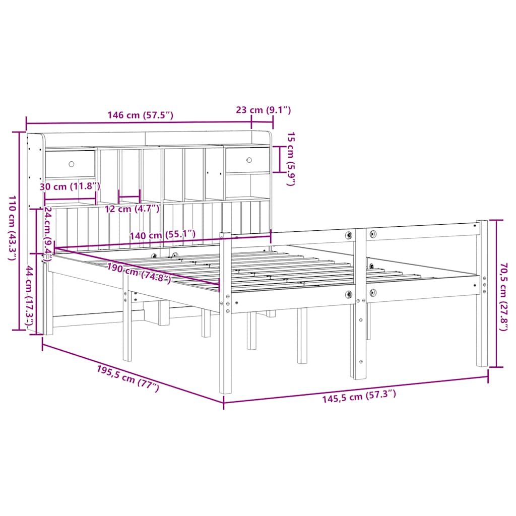 Letto Libreria senza Materasso 140x190 cm in Legno di Pino - homemem39