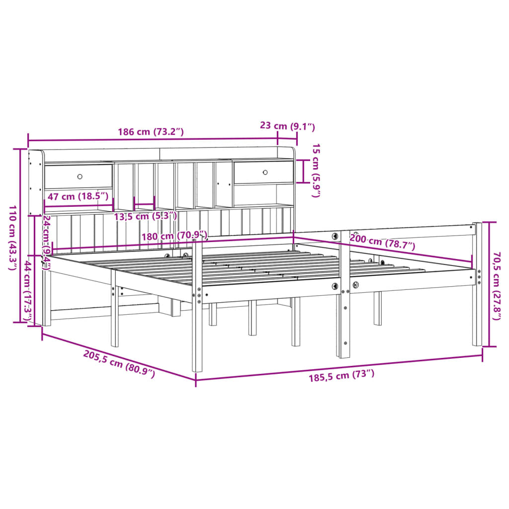 Giroletto con Libreria senza Materasso 180x200 cm in Legno Pino | homemem39