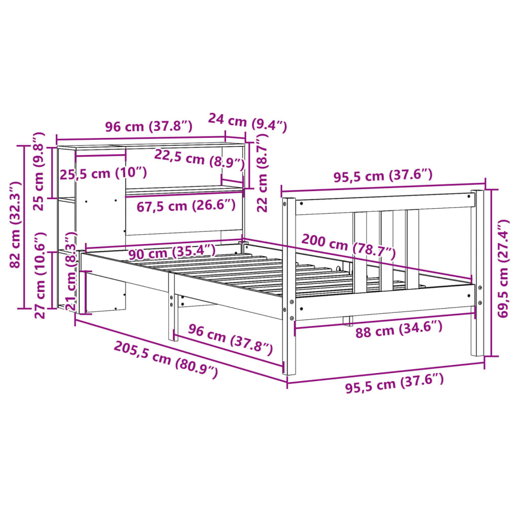 Letto Libreria senza Materasso Bianca 90x200 cm Legno di Pino