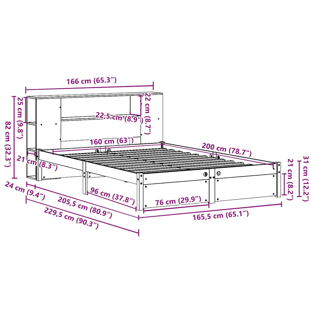 Letto Libreria senza Materasso Bianco 160x200 cm Legno di Pino