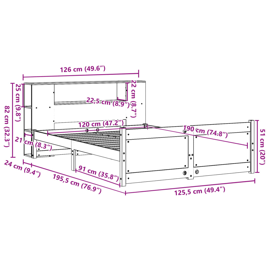 Letto Libreria senza Materasso 120x190 cm in Legno di Pino - homemem39