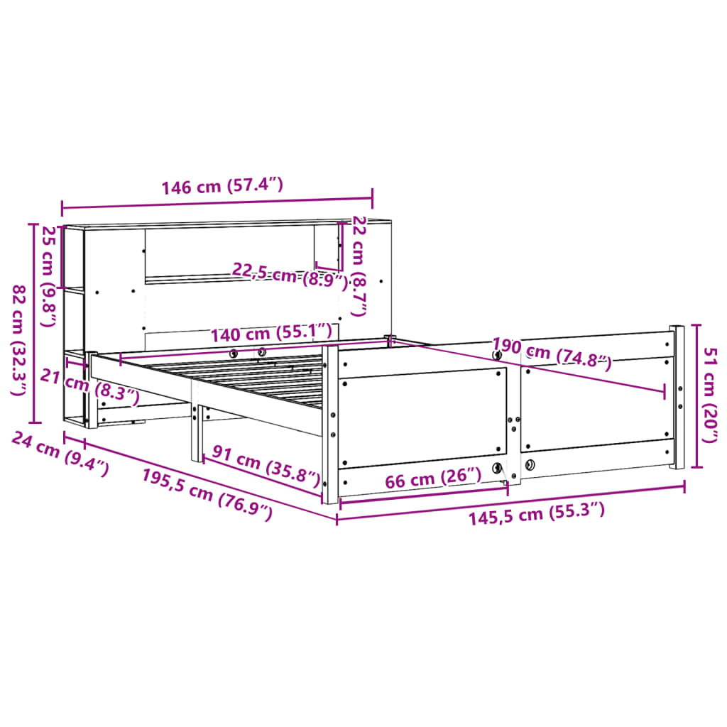 Letto Libreria senza Materasso Bianco 140x190 cm Legno di Pino | homemem39