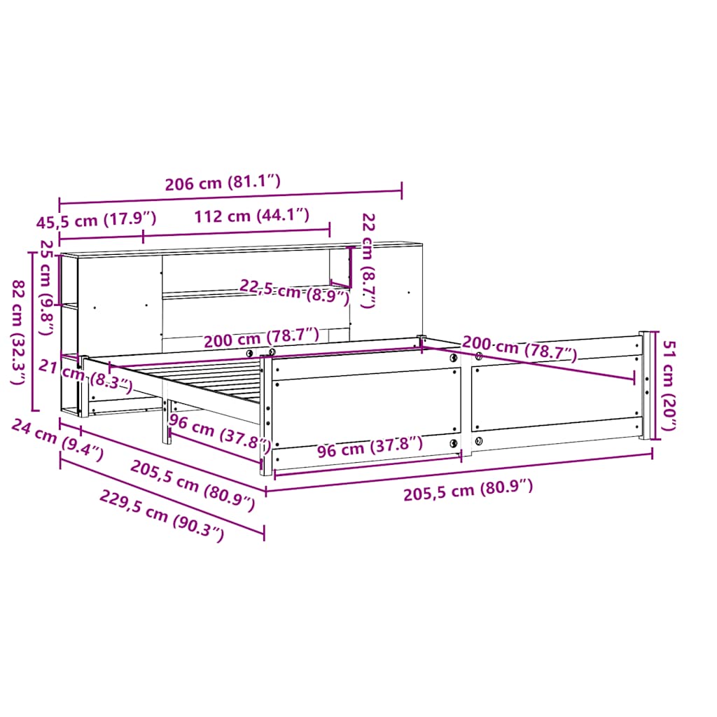 Letto Libreria senza Materasso 200x200 cm in Legno di Pino - homemem39
