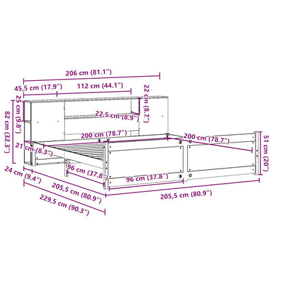 Letto Libreria senza Materasso 200x200 cm in Legno di Pino - homemem39