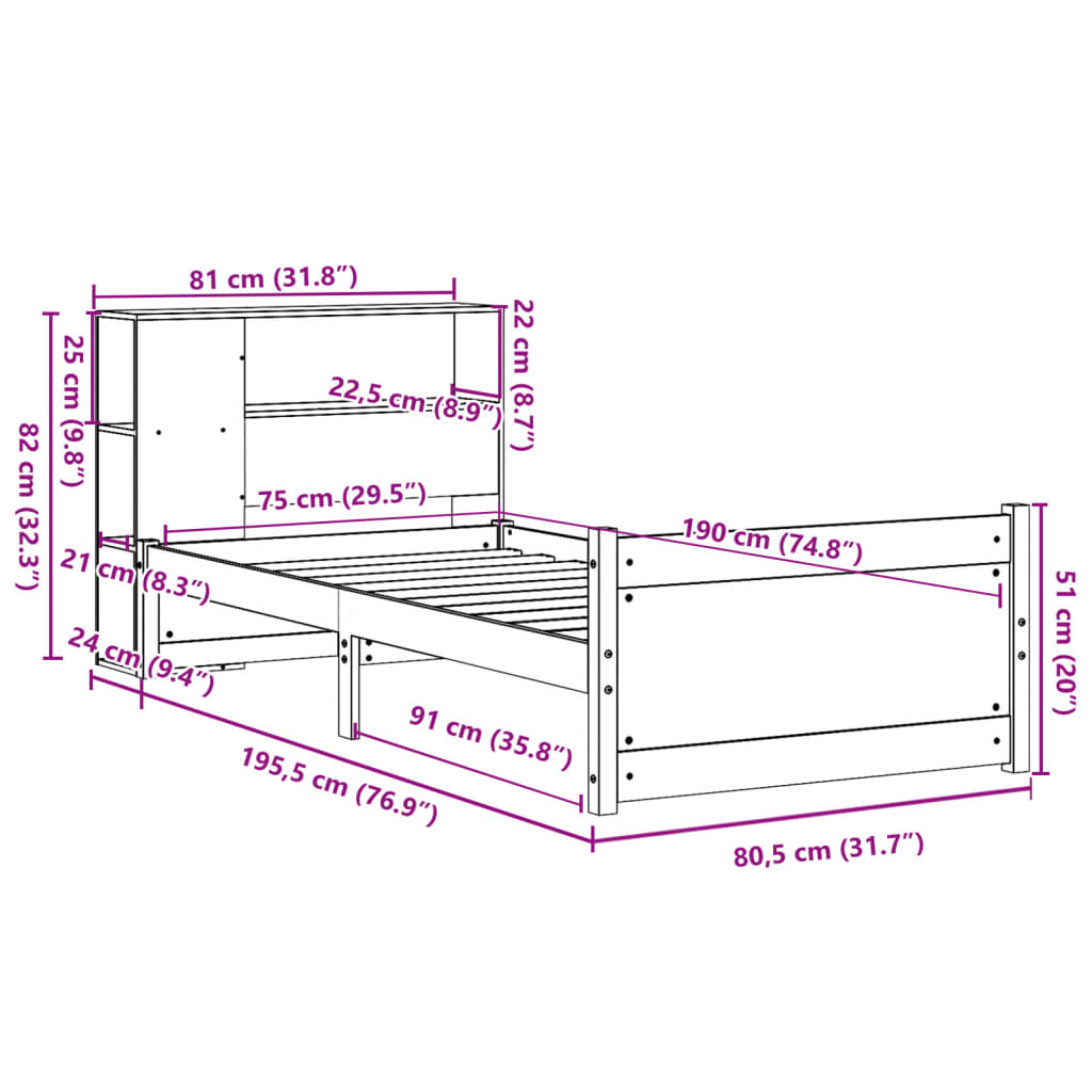 Letto con Libreria senza Materasso 75x190 cm in Legno Pino