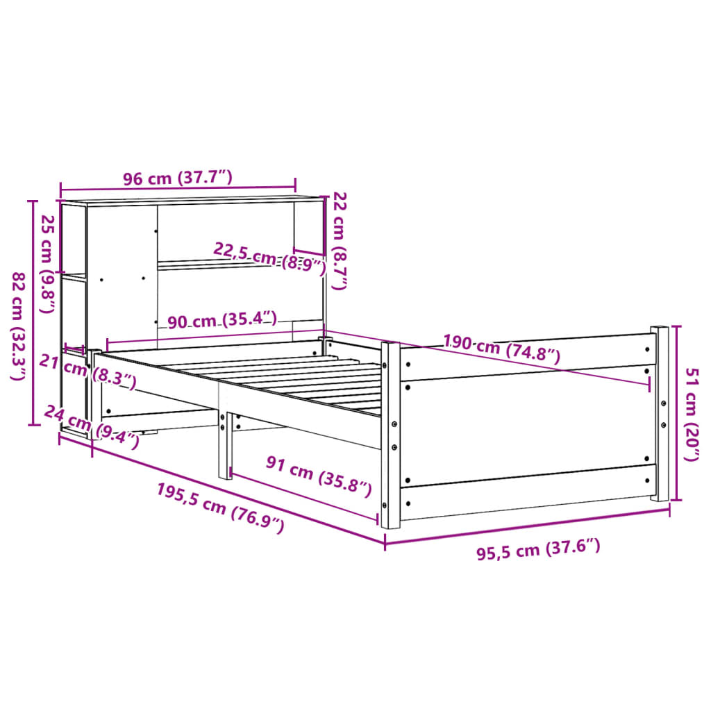 Letto Libreria senza Materasso Bianco 90x190 cm Massello Pino