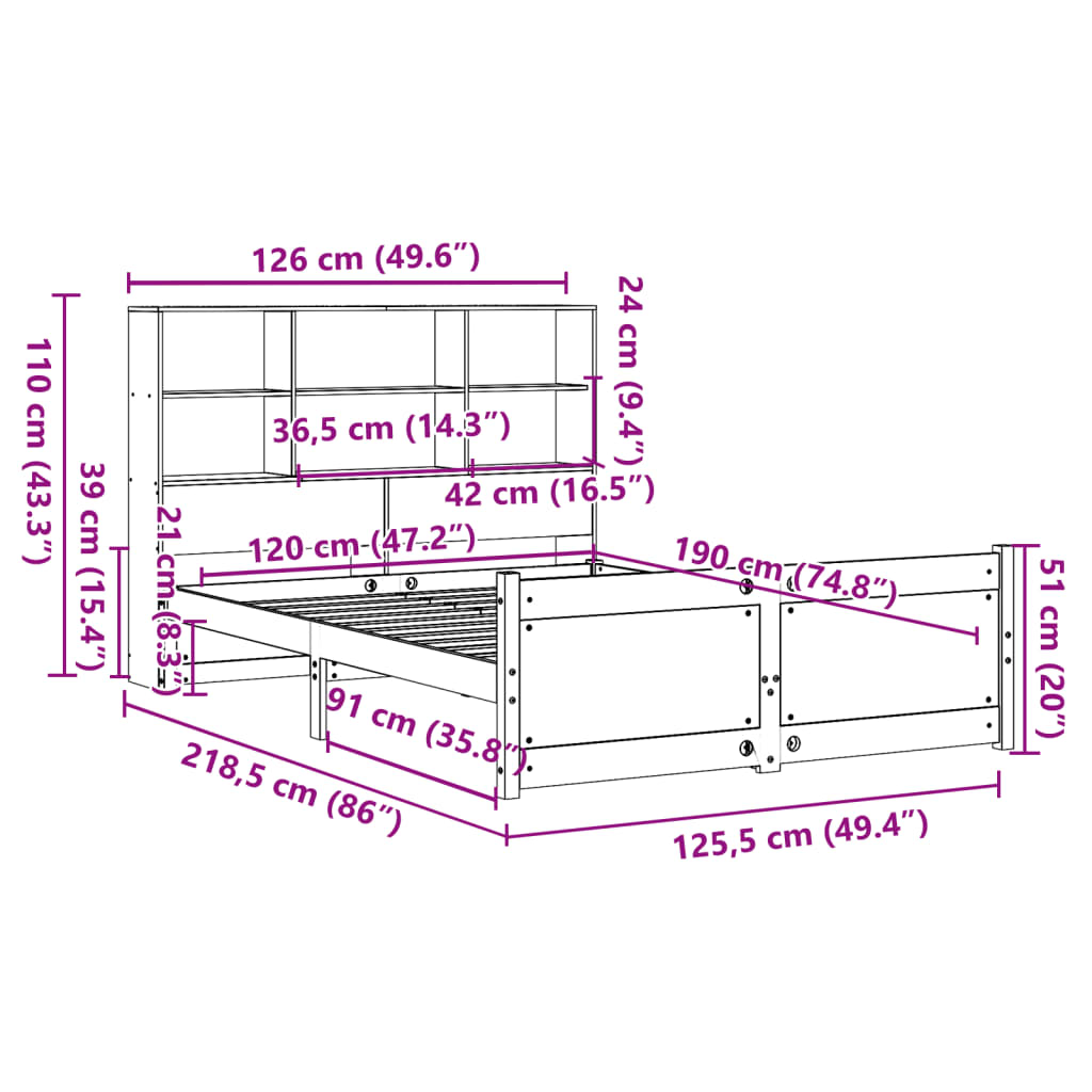 Letto Libreria senza Materasso 120x190 cm in Legno di Pino