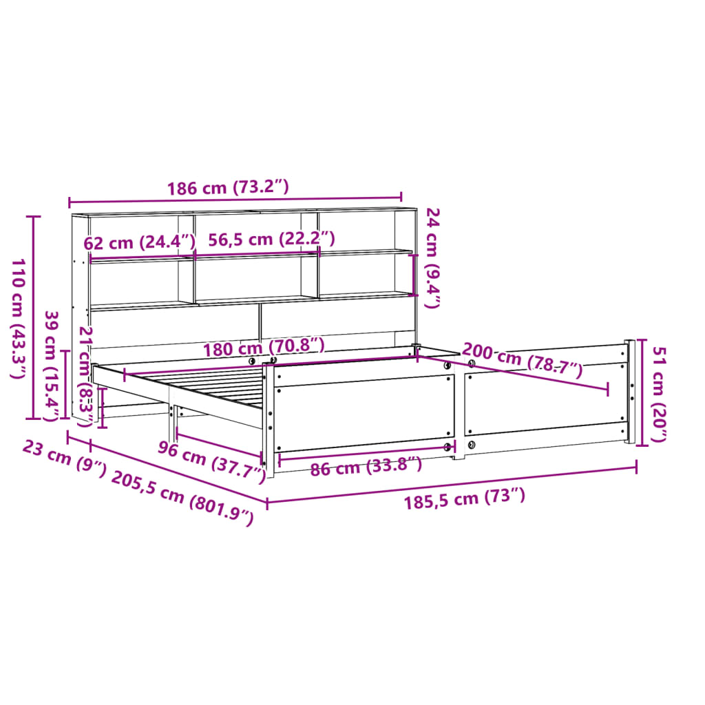 Giroletto con Libreria senza Materasso 180x200 cm in Legno Pino - homemem39