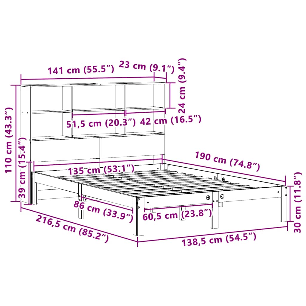 Letto Libreria senza Materasso Marrone Cera 135x190 cm in Pino | homemem39