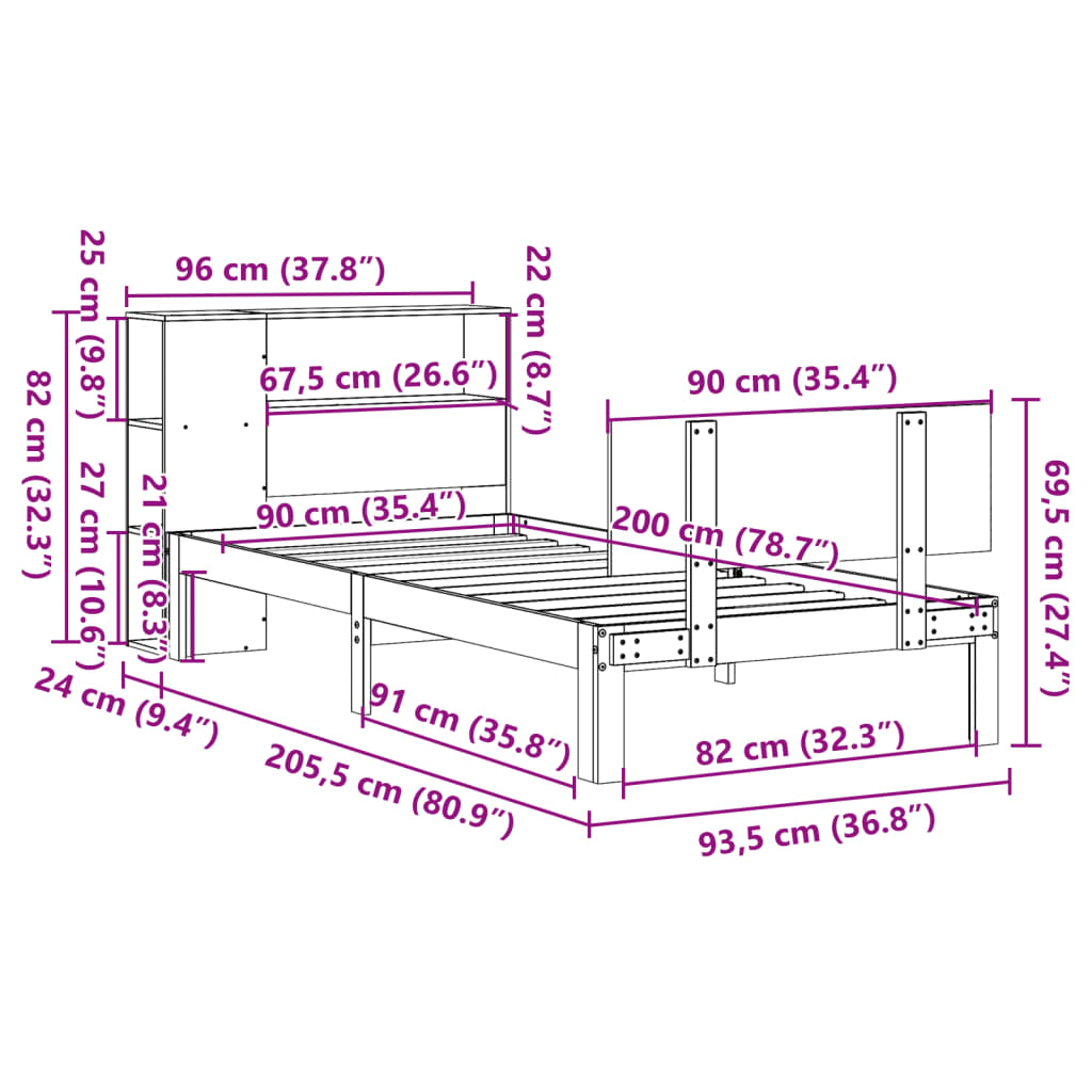 Letto Libreria senza Materasso 90x200 cm Legno Massello Pino - homemem39