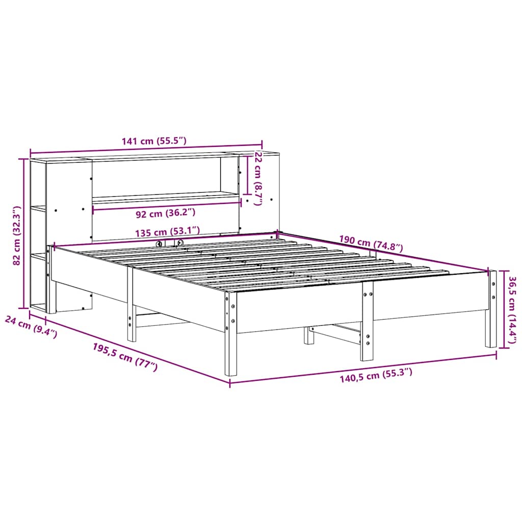 Letto Libreria senza Materasso Marrone Cera 135x190 cm in Pino | homemem39