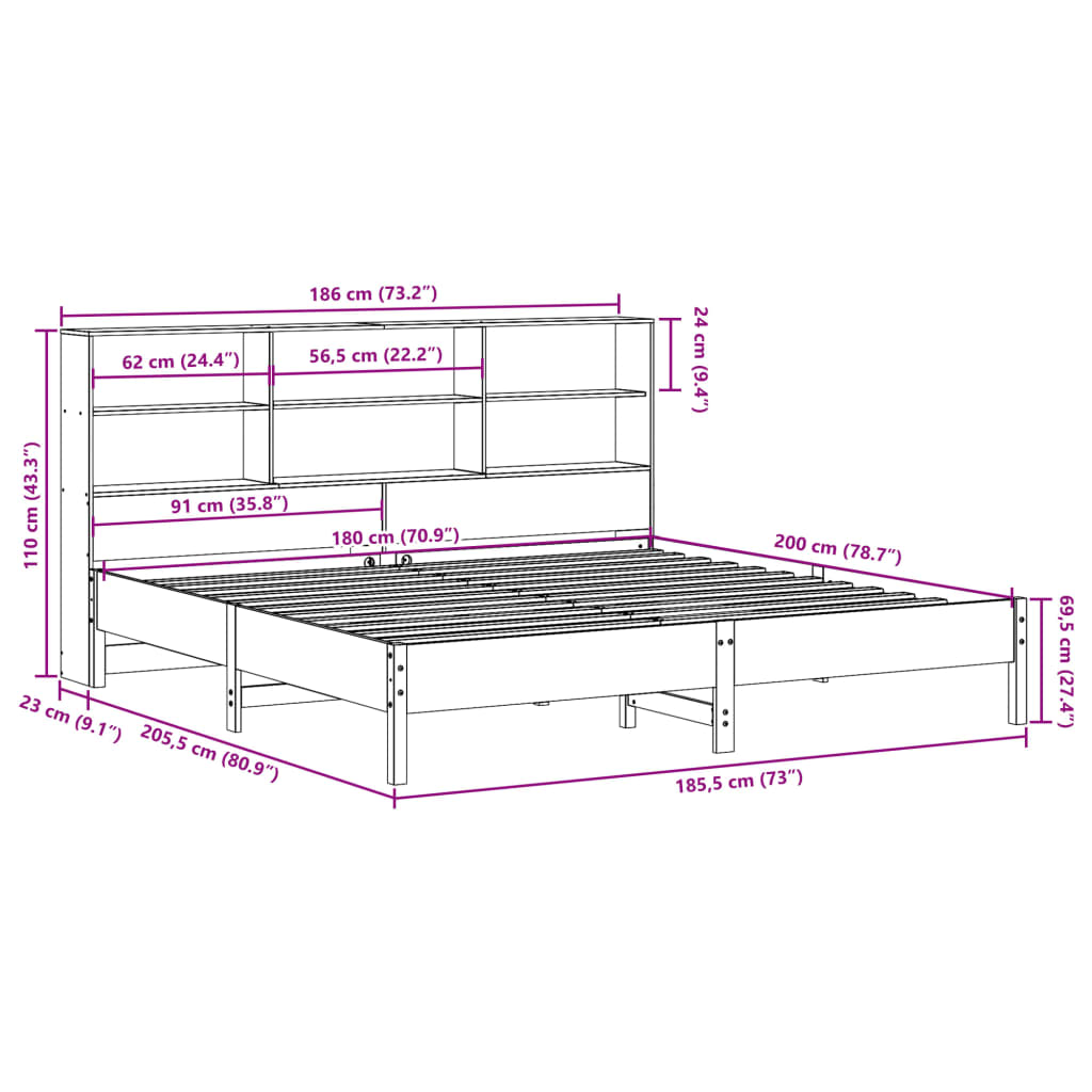 Letto Libreria senza Materasso Marrone Cera 180x200 cm in Pino | homemem39