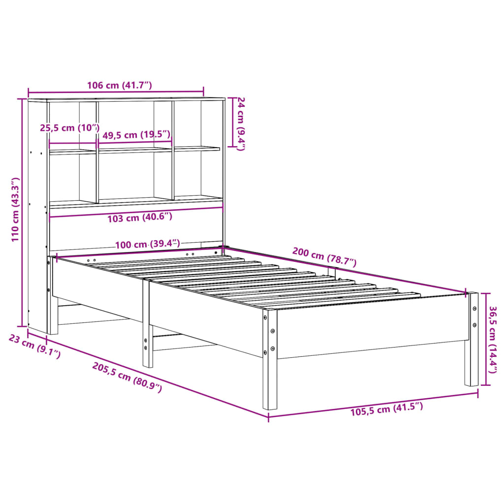 Letto Libreria senza Materasso Marrone Cera 100x200 cm in Pino | homemem39