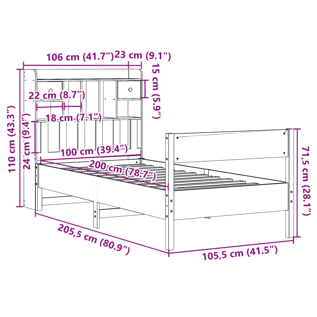 Letto Libreria senza Materasso Marrone Cera 100x200 cm in Pino | homemem39