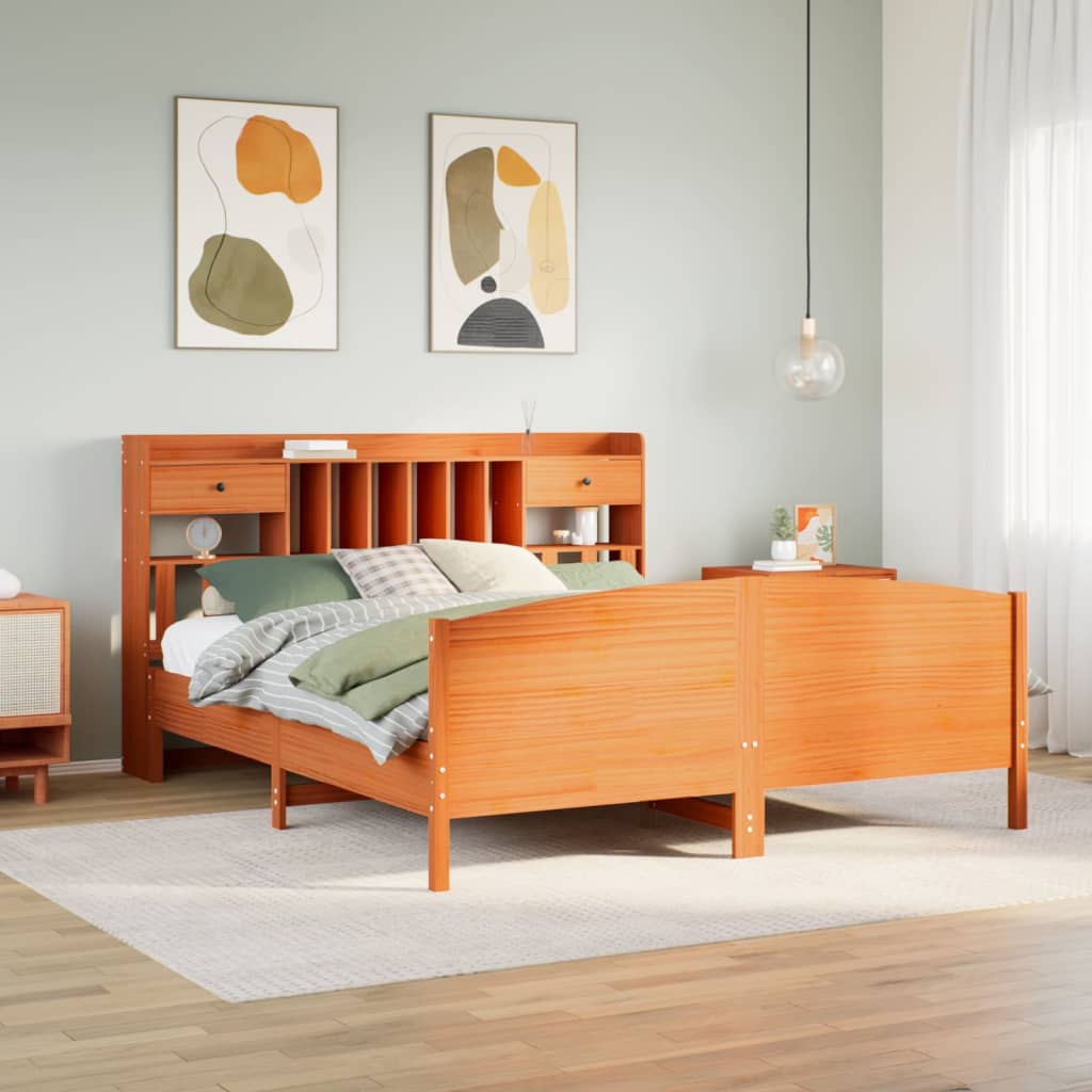 Letto Libreria senza Materasso Marrone Cera 200x200 cm in Pino - homemem39
