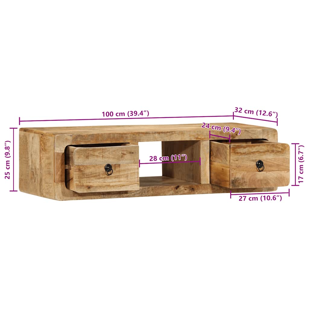 Mobile TV a Parete 100x32x25 cm Legno Grezzo Massello di Mango - homemem39