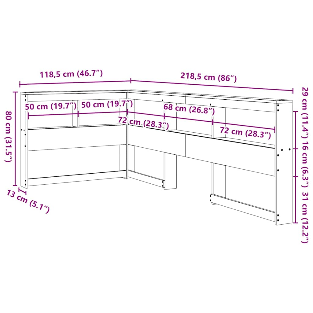 Testiera Libreria a L Marrone Cera 100cm Legno Massello di Pino