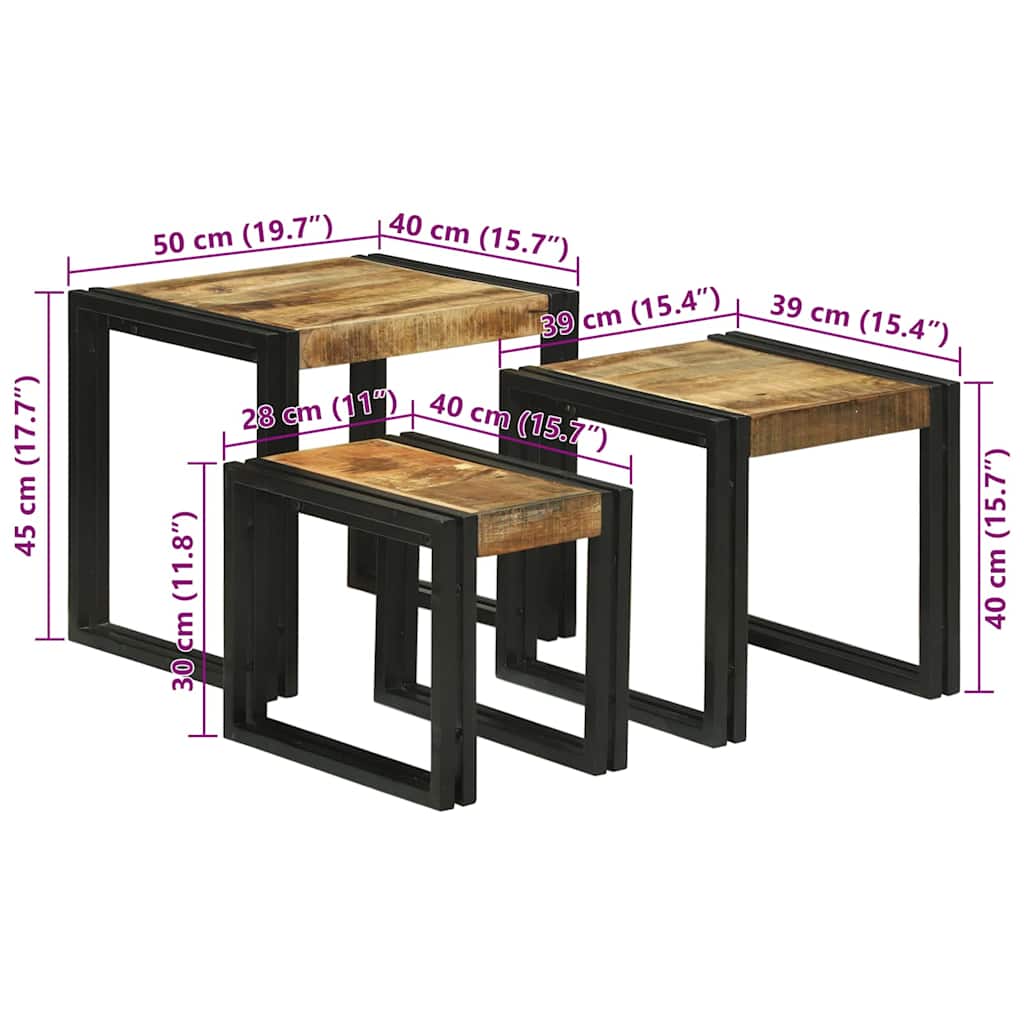 Tavolo Nesting 3 pcs Legno massello di mango ruvido