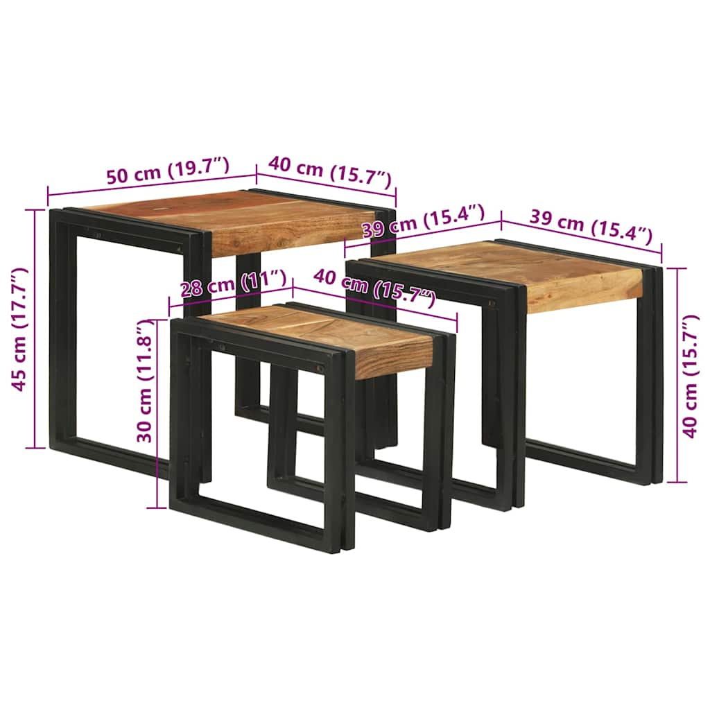 Tavolo Nesting 3 pcs Legno di acacia solido e un metallo