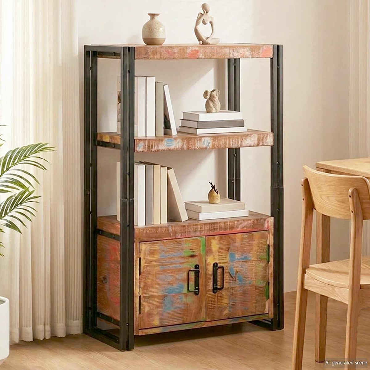 Libreria con Porte Marrone Legno Recuperato Massello e Metallo