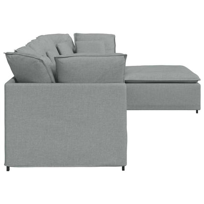 Divano Modulare con Poggiapiedi e Cuscini Tessuto Grigio Chiaro