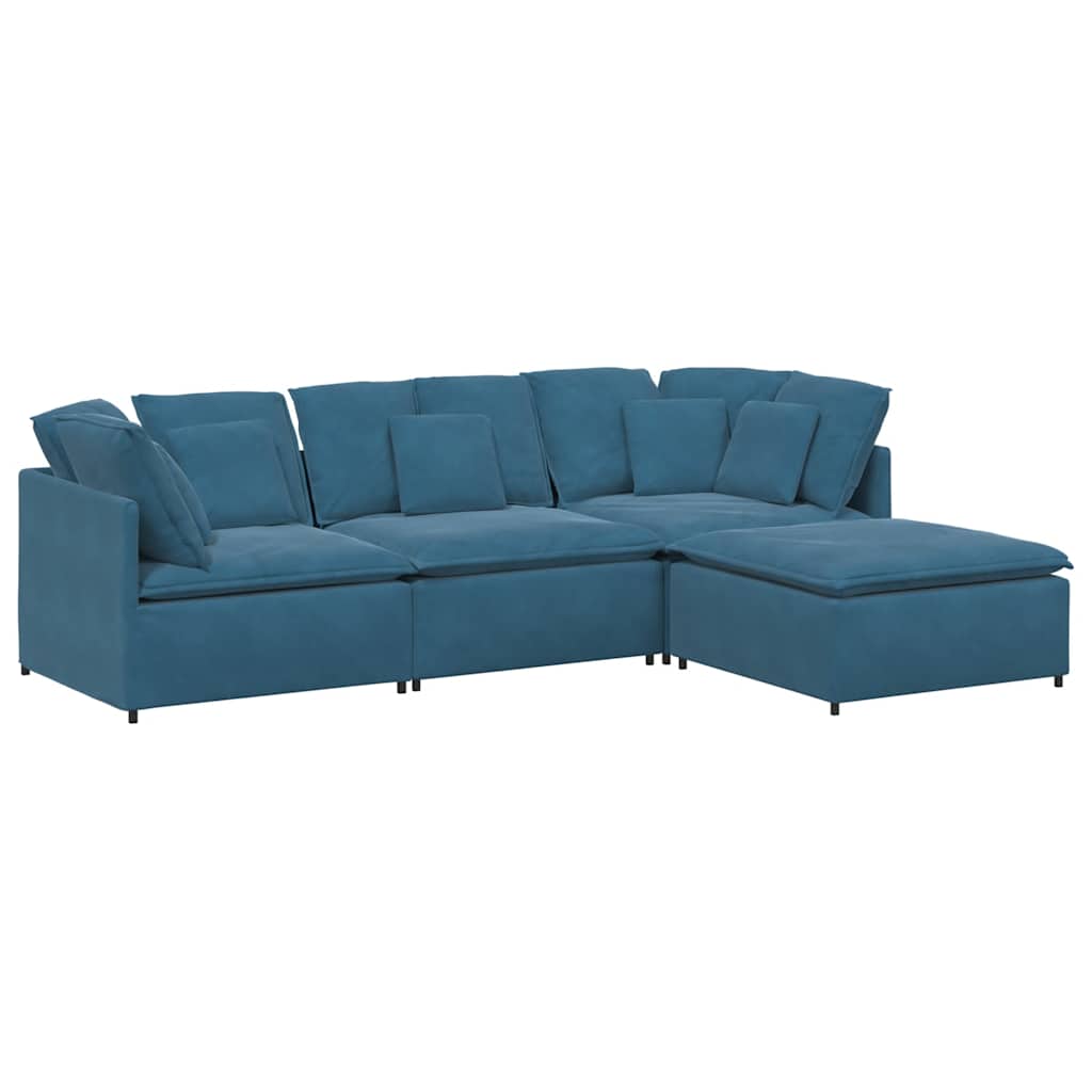 Divano Modulare con Poggiapiedi e Cuscini in Velluto Blu