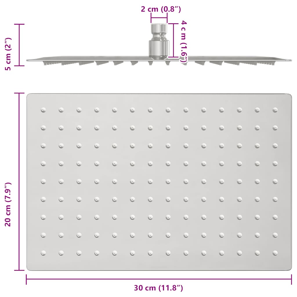 Testa Doccia a Pioggia Acciaio Inox 304 30x20 cm Rettangolare