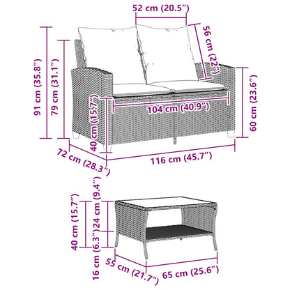Divano da Giardino a 2 Posti Cuscini&Tavolo Nero in Polyrattan | homemem39