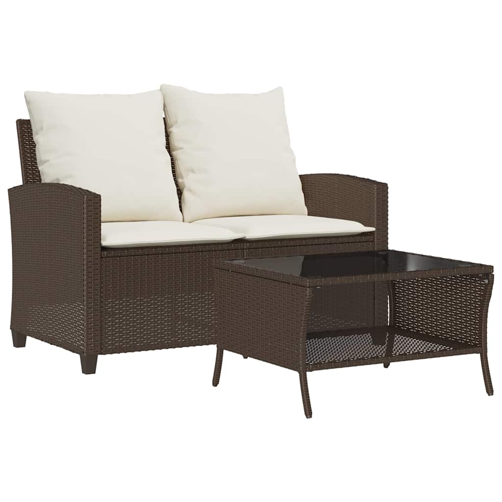 Divano a 2 Posti con Cuscini e Tavolo Marrone Polyrattan | homemem39
