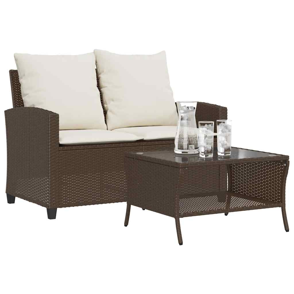 Divano a 2 Posti con Cuscini e Tavolo Marrone Polyrattan | homemem39