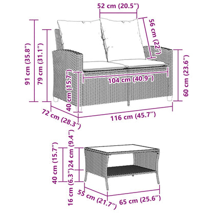 Divano da Giardino a 2 Posti Cuscini&Tavolo Grigio Polyrattan | homemem39