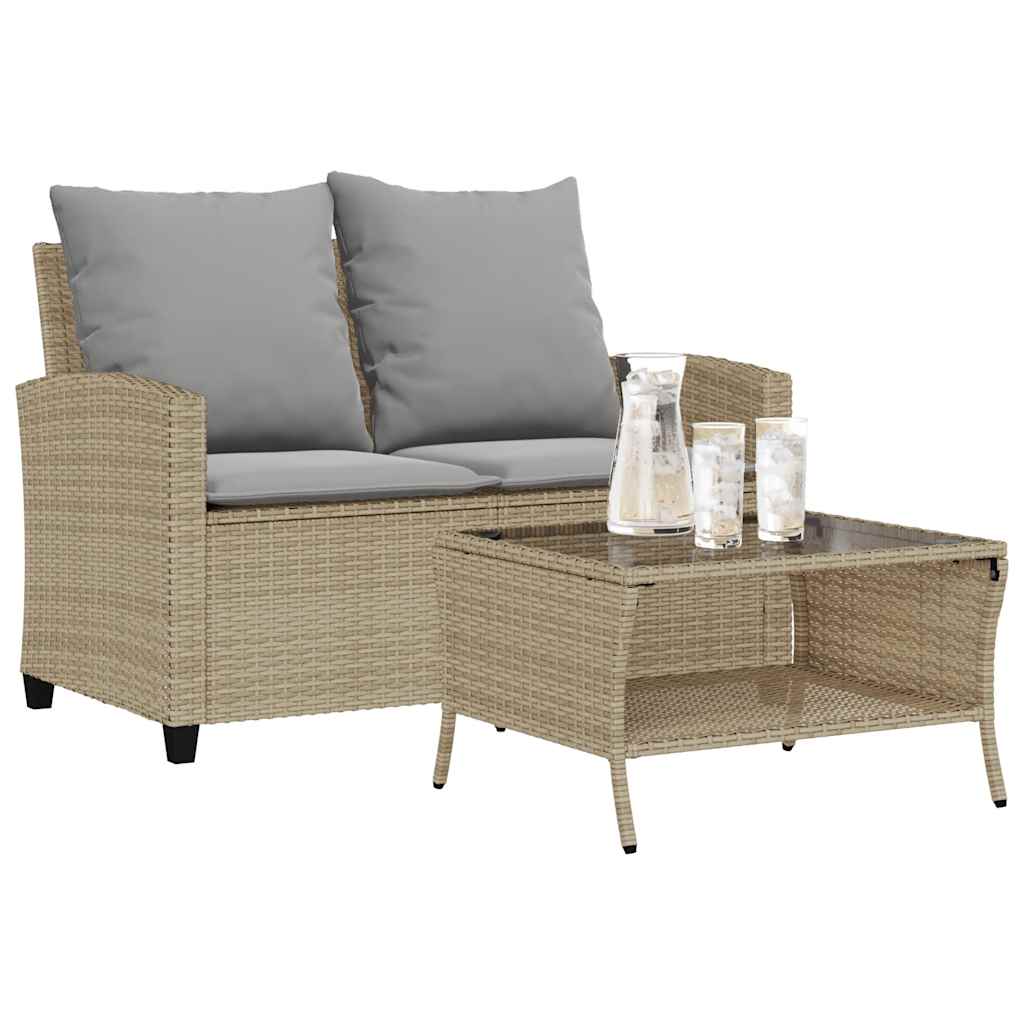 Divano Giardino 2 Posti con Cuscini e Tavolo Beige Polyrattan | homemem39