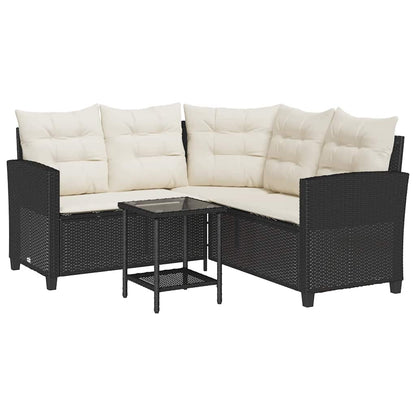 Divano da Giardino con Tavolo e Cuscini a L Nero in Polyrattan | homemem39