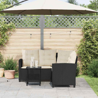 Divano da Giardino con Tavolo e Cuscini a L Nero in Polyrattan | homemem39