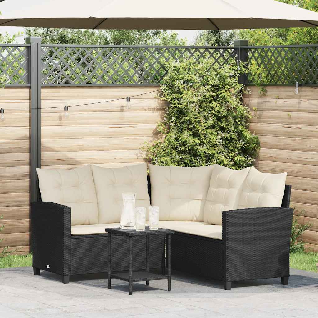 Divano da Giardino con Tavolo e Cuscini a L Nero in Polyrattan | homemem39