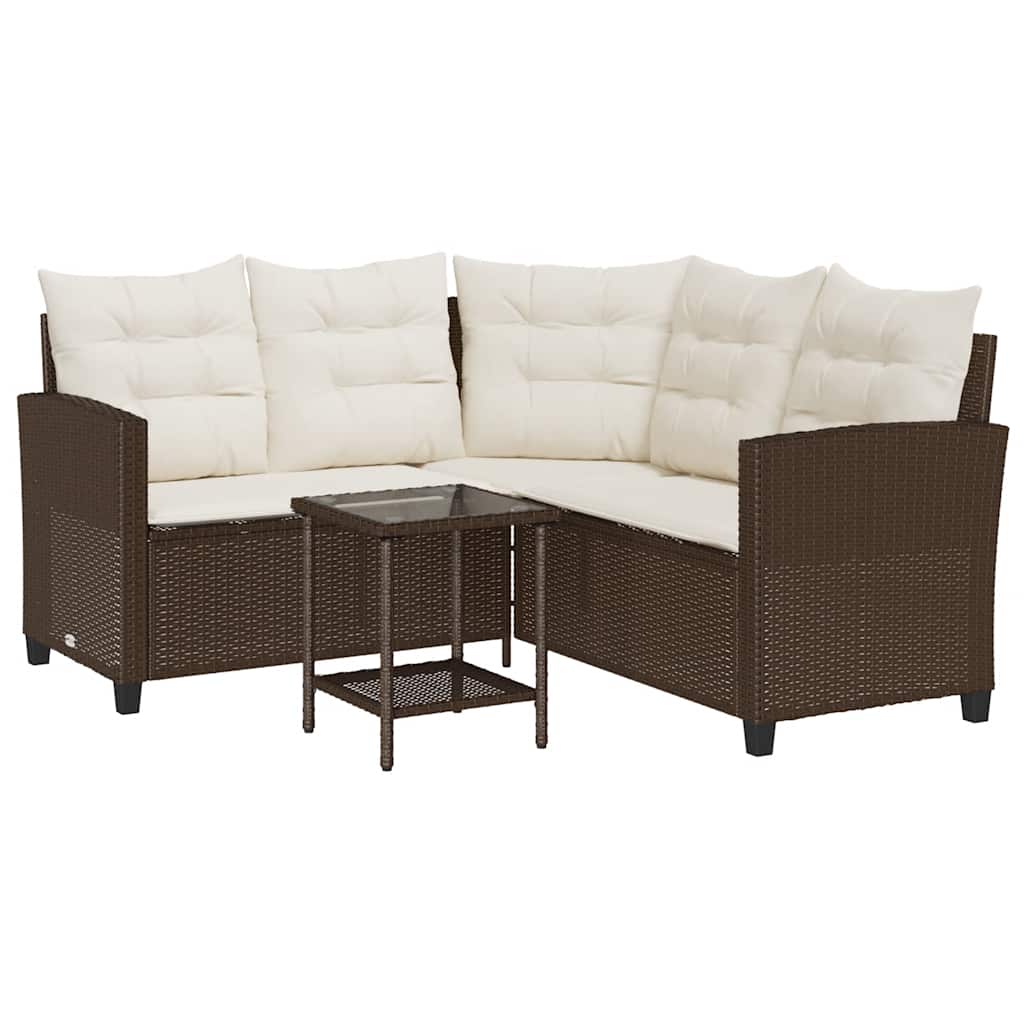 Divano da Giardino con Tavolo e Cuscini a L Marrone Polyrattan | homemem39