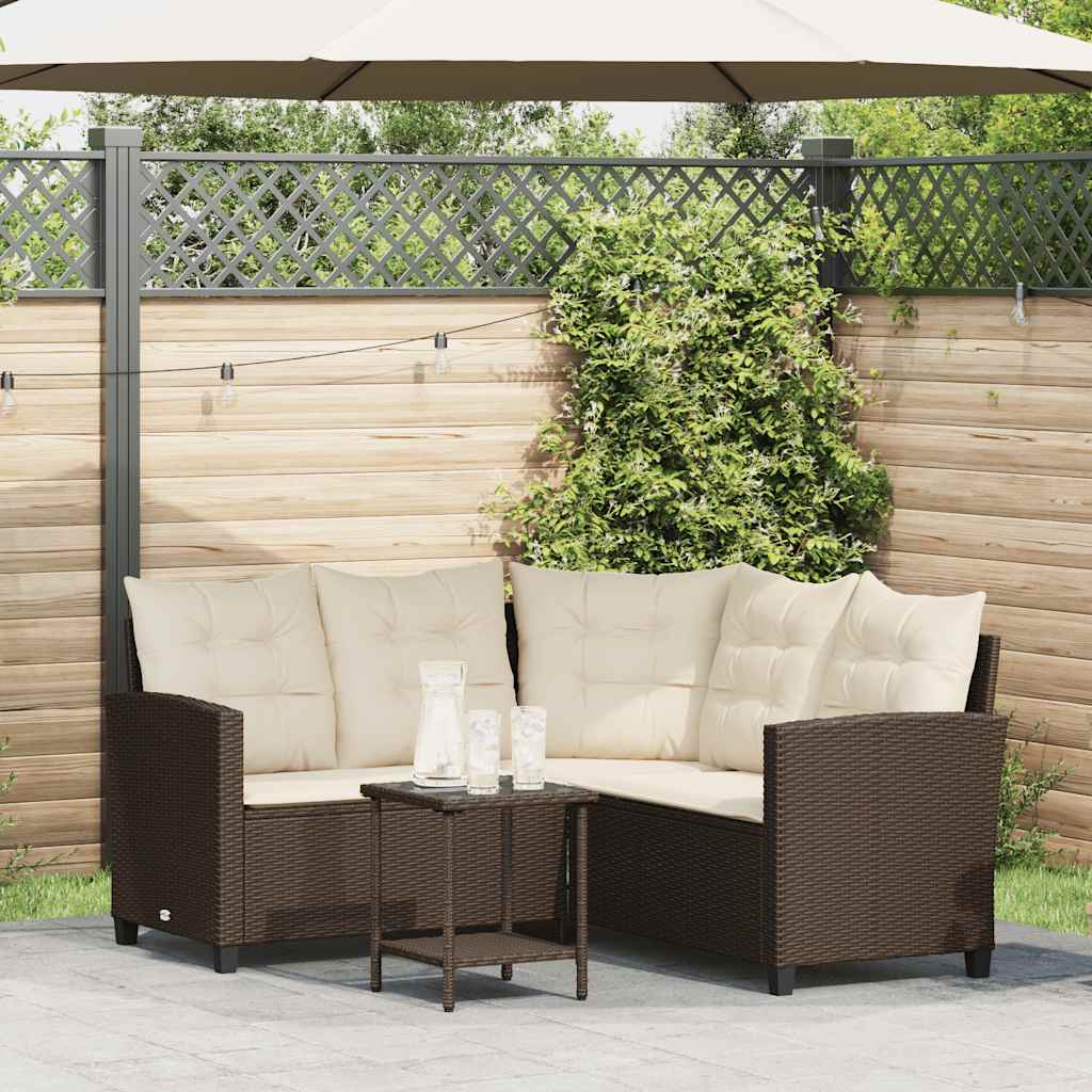 Divano da Giardino con Tavolo e Cuscini a L Marrone Polyrattan | homemem39