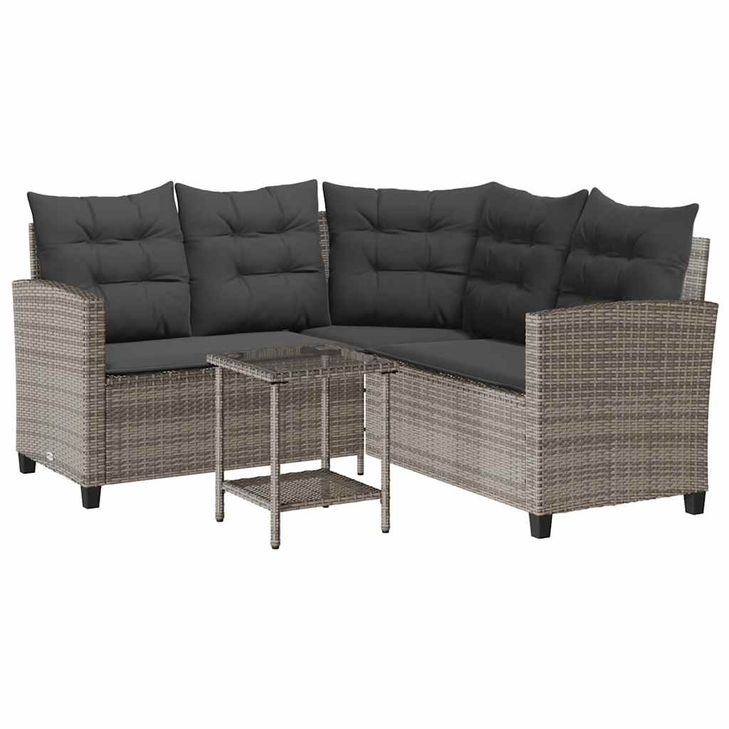 Divano da Giardino con Tavolo e Cuscini a L Grigio Polyrattan | homemem39