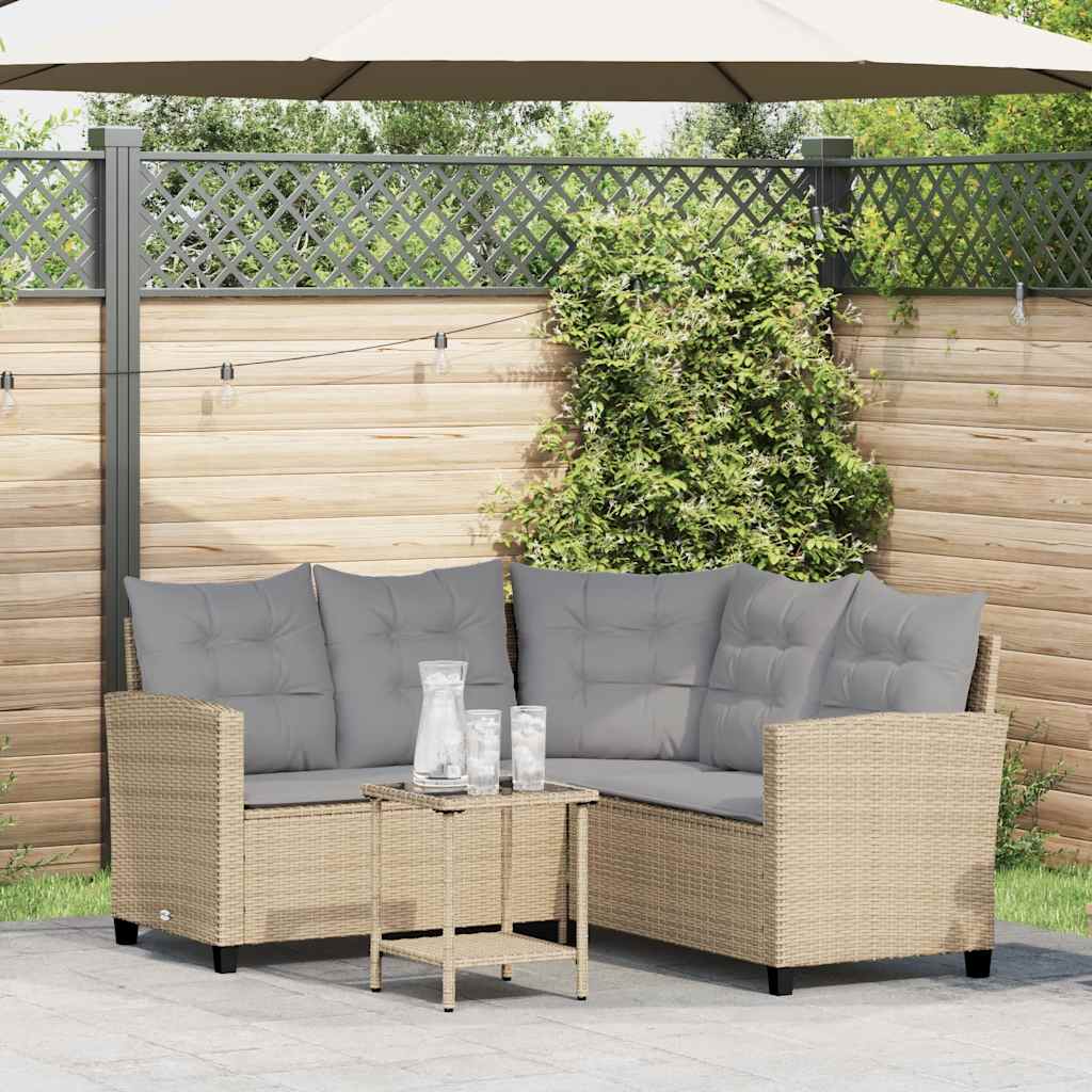 Divano da Giardino con Tavolo e Cuscini a L Beige in Polyrattan | homemem39