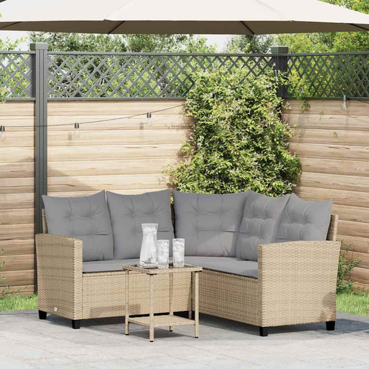 Divano da Giardino con Tavolo e Cuscini a L Beige in Polyrattan