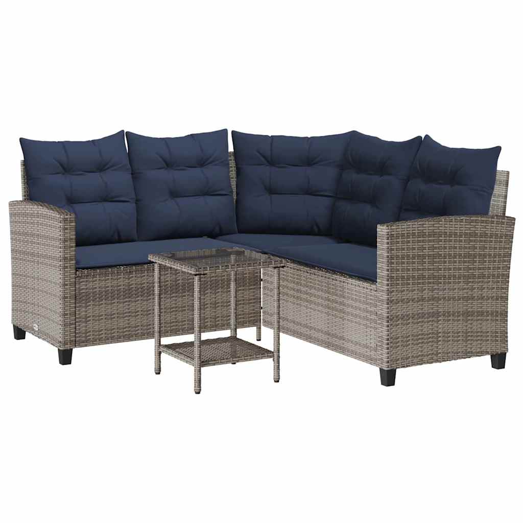 Divano da Giardino con Tavolo e Cuscini a L Grigio Polyrattan | homemem39
